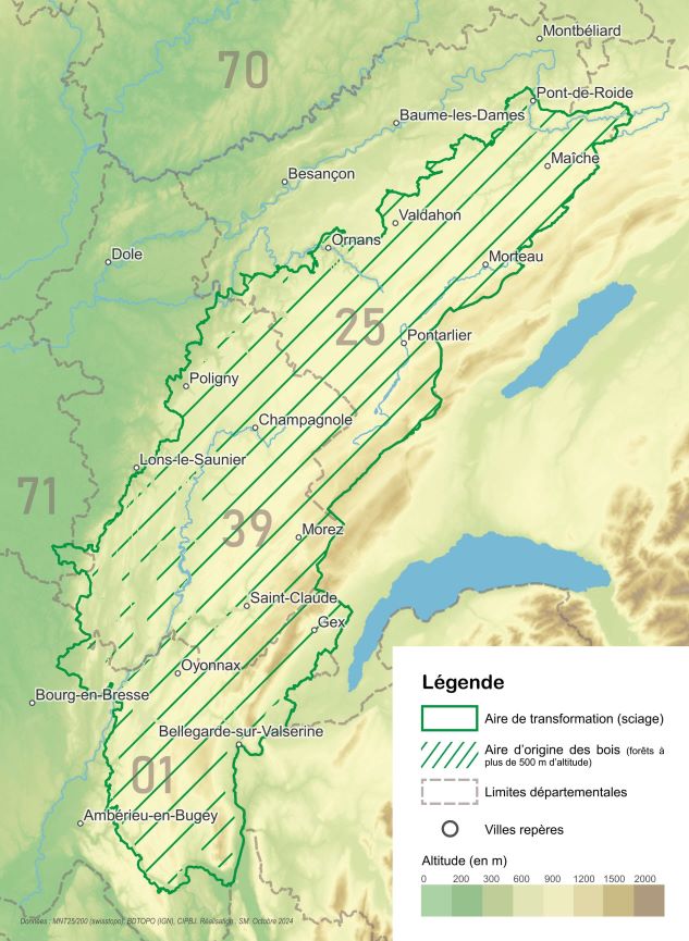 Carte de l'aire géographique / zone de production de l'AOC Bois du Jura